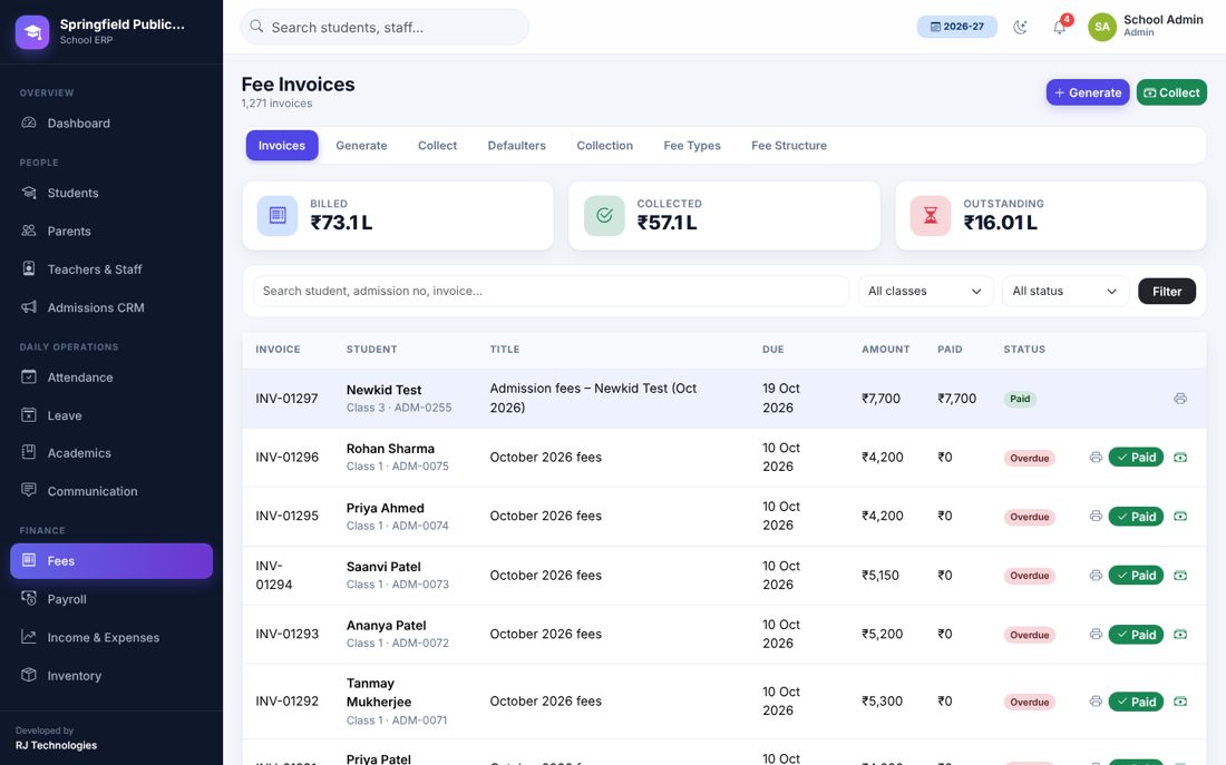 Fee management screenshot